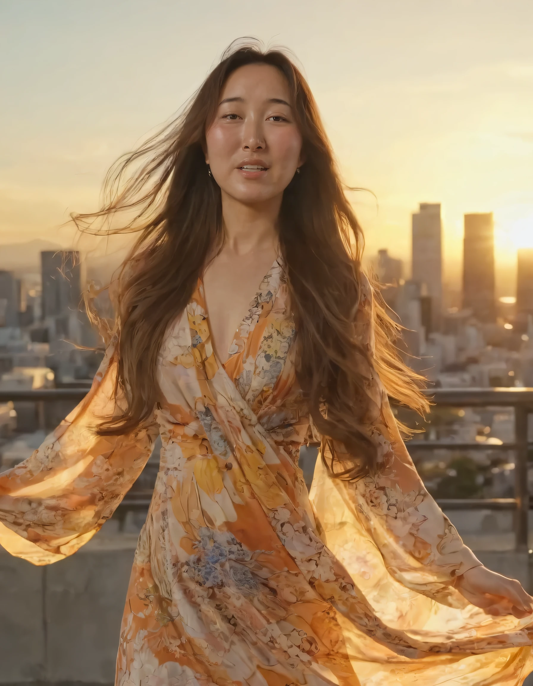 Hitomi Mochizuki, a confident and fashionable woman in an urban cityscape, effortlessly dons her intricately designed floral-patterned dress as it flows with the wind, while her long, flowing hair cascades behind her, all framed by the breathtaking golden glow of a majestic sunset skyline. <lora:hjlsvt18f68e0a079q213:1>