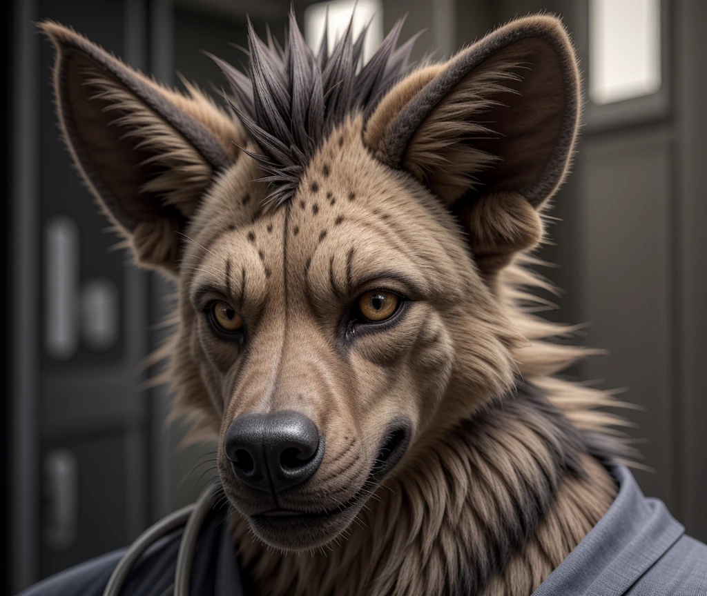 male hyena, detailed and realistic portrait, realistic detailed eyes with black pupil