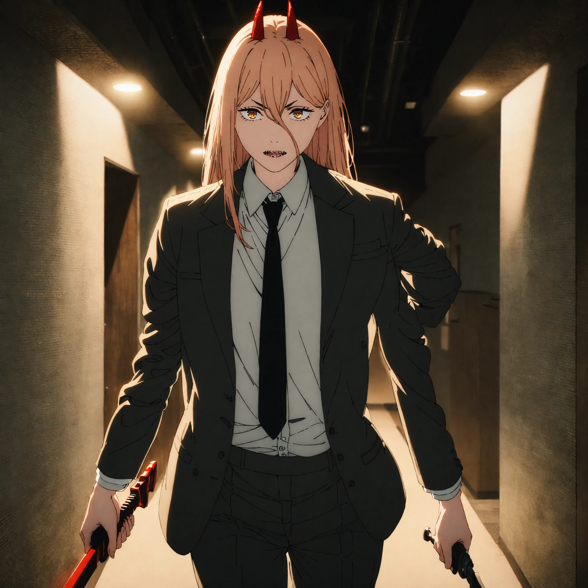 best quality, masterpiece, 1girl, blond hair, red horns, yellow eyes, high quality eyes, cross-shaped pupils, cinematic lighting, from front, formal clothing, suit and tie, black tie, sharp teeth, weapon, black eyeliner, <lora:fpower:0.8>