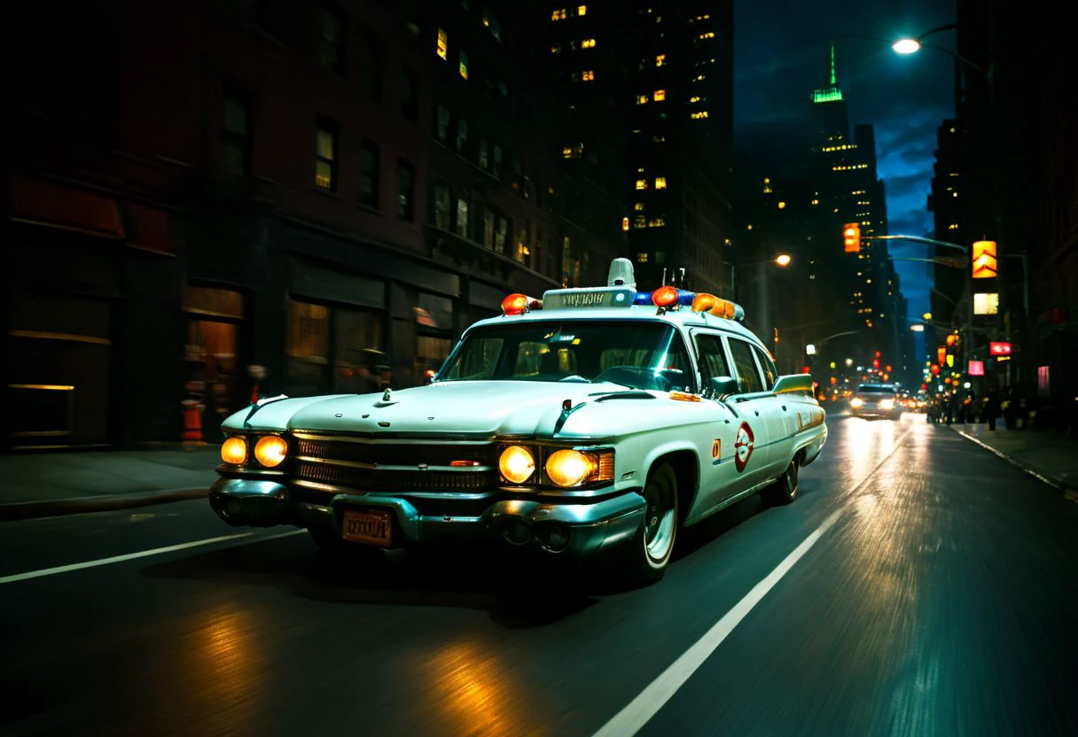 a studio photo of ecto_1, vehicle focus, racing through New York City streets at night, vehicle focus, licence plate, front view, dark, chiaroscuro, low-key, beautiful, science fiction, best quality high resolution, beautiful, highest quality, masterpiece, highly detailed, volumetric light, global illumination, studio photo, highly detailed, sharp focus, epiCPhoto,