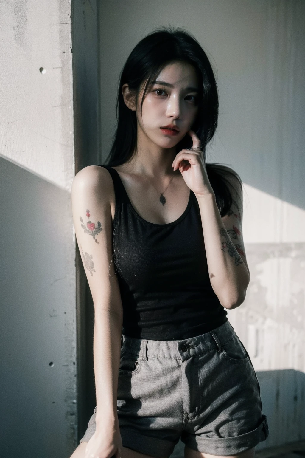 (realistic), (hyperrealism),best quality, masterpiece,ultra high res, (photorealistic:1.4),1girl,(looking at viewer:1.2),1girl, solo, realistic, looking at viewer, parted lips,  short pants, black shirt, tattoos, upper body
,   <lora:makina69_mido_v1.0:1>