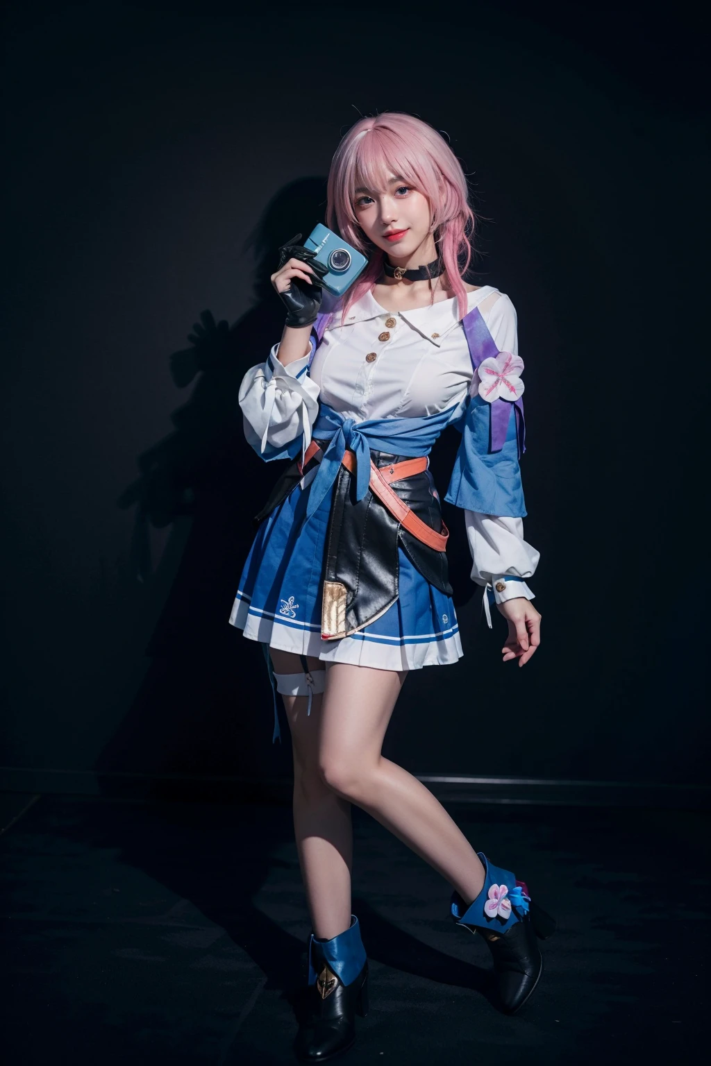 best quality,masterpiece,realistic,photorealistic,1girl,solo,looking at viewer,smile,standing,full body,march 7th cosplay costume,march 7th,cosplay,blue eyes,pink hair,medium hair,shirt,dress shirt,long sleeves,jacket,tied jacket,skirt,corset,pleated skirt,choker,camera,flower ornament,thigh strap,badge,button badge,single glove,partially fingerless gloves,high heel boots,ankle boots,simple grey background,<lora:Honkai_StarRail_March7th_costplay_costume_v2:0.7>,