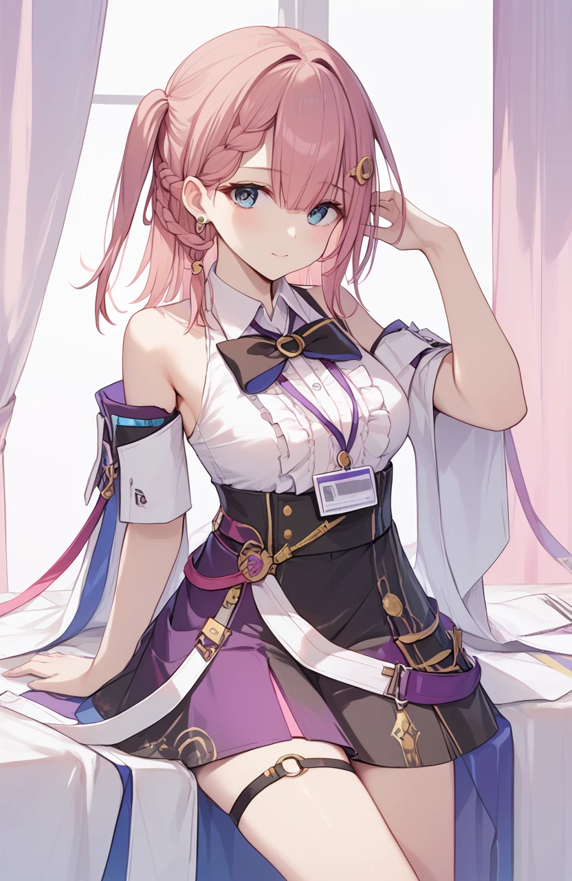 <lora:è¾ä¸å¦²2pony:1>,xtasta,a girl named xtasta,1girl,braid,white shirt,sleeveless shirt,one side up,id card,detached sleeves,black skirt,black bowtie,center frills,collared shirt,thigh strap,, (score_9,score_8_up,score_7_up),(masterpiece,best quality,high quality:1.2),absurdres,