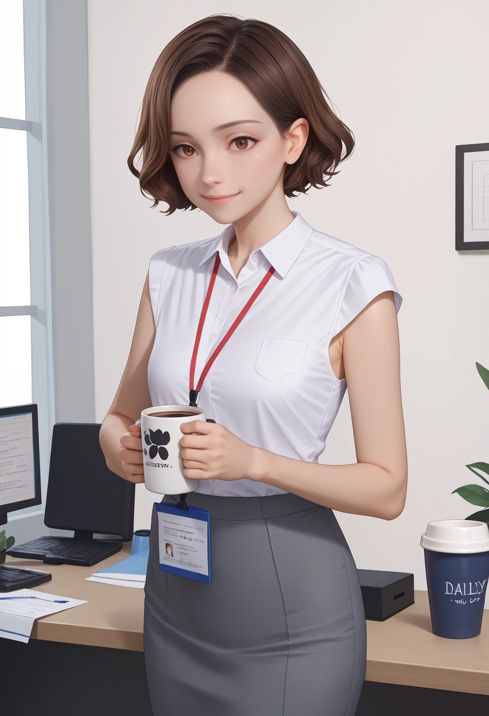 score_9, score_8_up, score_7_up, solo focus, beautiful, daisy ridley <lora:Degen_Daisy_Ridley_v1:.9>, brown eyes, office lady, sleeveless, lanyard, white shirt, standing, holding coffee mug,  short hair, looking at viewer,  <lora:edgOfficeLadyPonyv1:1>