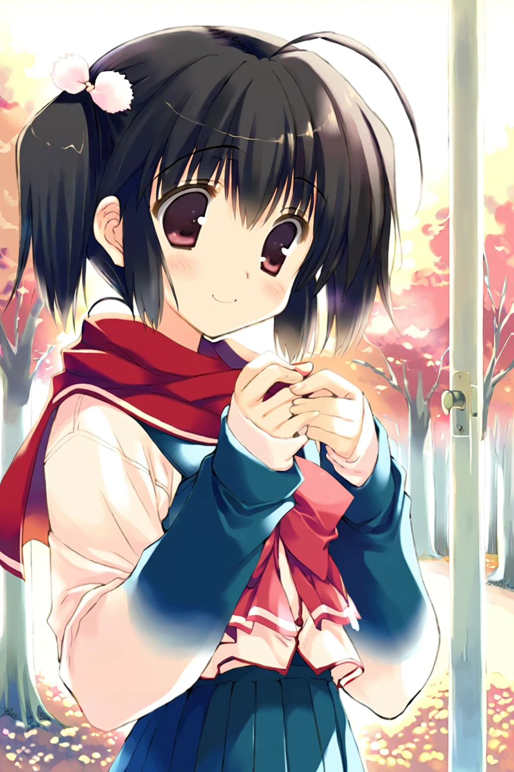 core_9,score_8_up,uncensored,1girl,<lora:yuzuhara konomi:1>,yuzuhara konomi,1girl,solo,scarf,school uniform,black hair,twintails,smile,red eyes,bow,upper body,hair ornament,blush,skirt,long sleeves,outdoors,short hair,ahoge,serafuku,bangs,tree,, core_9,score_8_up,uncensored,1girl