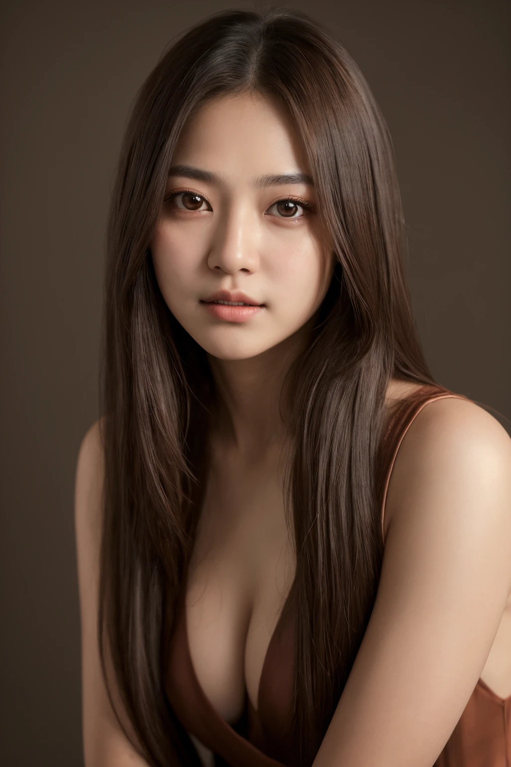 (masterpiece:1.35), (best-quality:1.4), 8k, ultra-detailed, photography, (ultra-realistic:1.4), 1girl, (portrait), (in love, in love expression:0.7), looking at viewer, (brown eyes:1.2), (long hair), deep v dress, simple background, (balanced photo, balanced exposure:1.2),