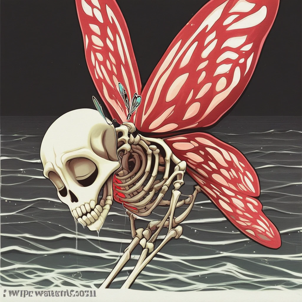 closed eyes, red theme, watermark, ocean, butterfly wings, saliva, skeleton