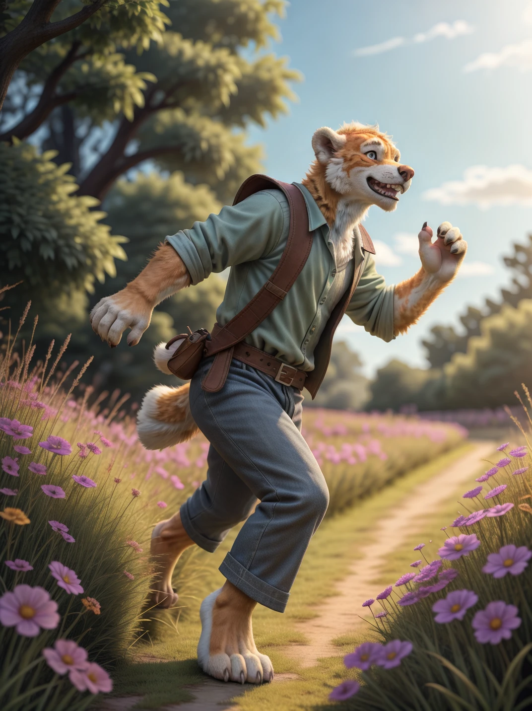 side view, fantasy art, (close-up:1.4), solo, portrait, dog, floppy ears, clothed, running, enthusiasm, excitement, grass, flowers, outside, cinematic, complex background, (by milkytiger1145, by garnetto:1.4)