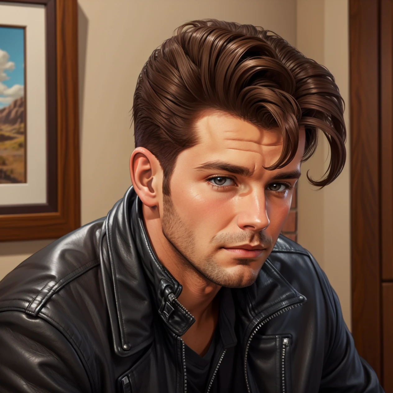 solo, male focus, 1boy, realistic, leather jacket, looking at viewer, hud_grsr_hr,  brown hair, pompadour, <lora:hud_grsr_hr_XLP:0.85>, southern prairie