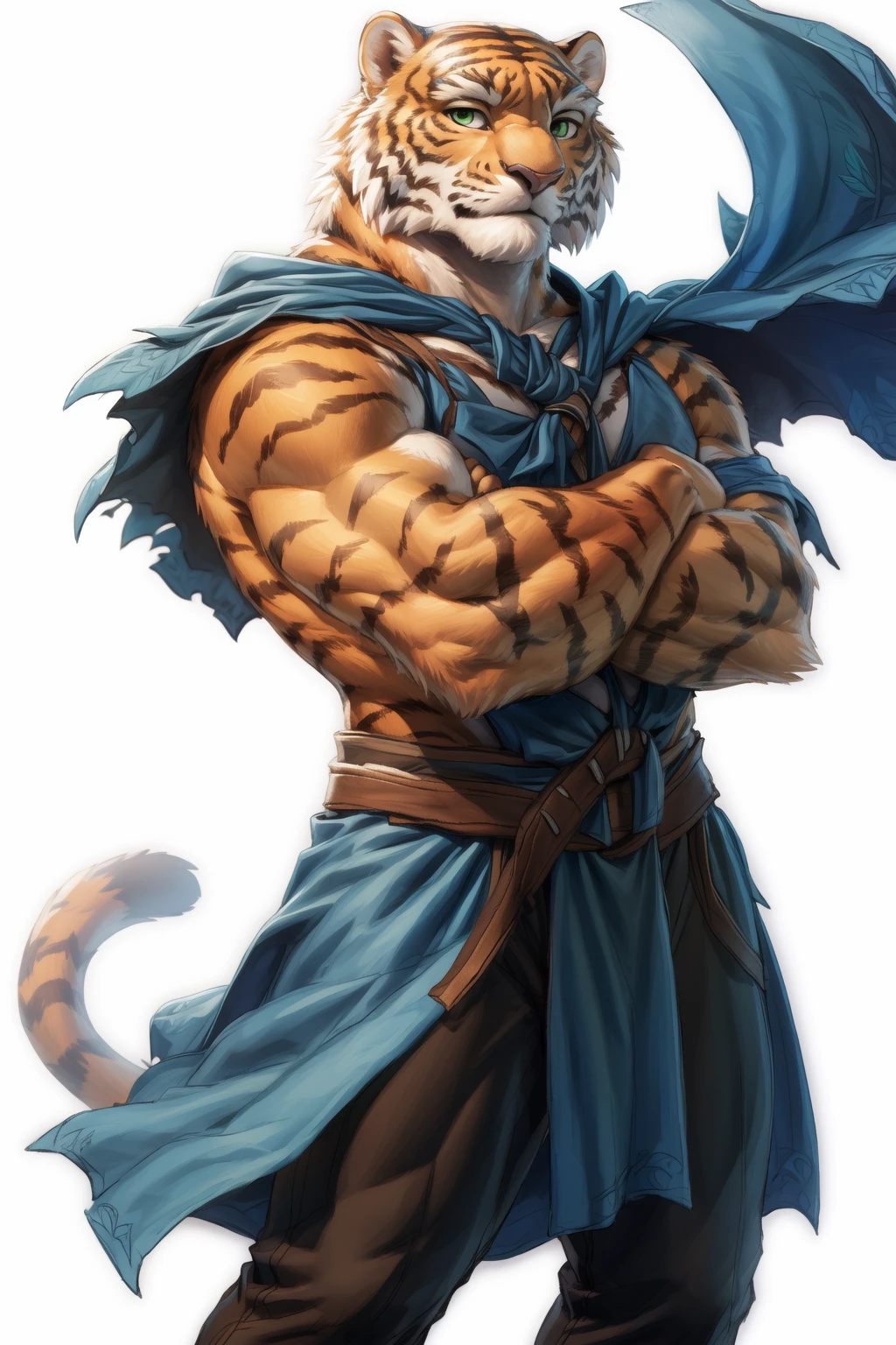 <lora:pang-06:1>, pangsdorica, green eyes, muscular, male, mature male, (pinup), (pose), (soft shading), 4k, hi res, ((detailed face, detailed)), by zackarry911, by zaush, (by personalami:0.5), solo, looking at viewer, simple background, 1boy, white background, standing, full body, male focus, pants, leaf, crossed arms, claws, blue cape, blue loincloth,