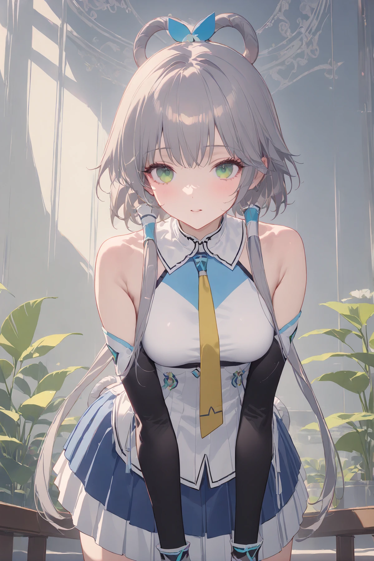 masterpiece, best quality, perfect features, intricate details, ray tracing, newest,(hitenkei, askzy:0.4), 1girl, solo,looking at viewer
, green eyes, grey hair, hair ornament, hair rings, short hair with long locks, hair tubes, <lora:luotianyi_xl:0.8>
, bare shoulders, pleated skirt, sleeveless shirt, official dress, upper body, breasts, sleeveless, yellow necktie, blue skirt, detached sleeves, white skirt, medium breasts, leaned forward