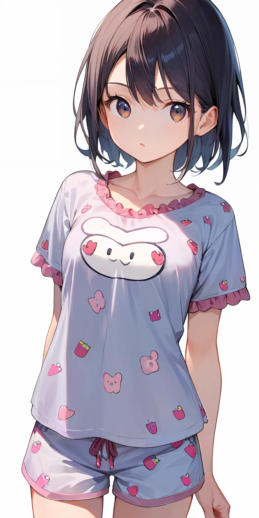 1 girl,Squat,Large off-shoulder T-shirt,White clothes with carrot pattern printed on them NSFW,Pink ribbon panties,Open hands,black hair,Bob's short hair reaches shoulders,Expression smile,Tilt your head,open mouth,Short skirt。looking at the front。