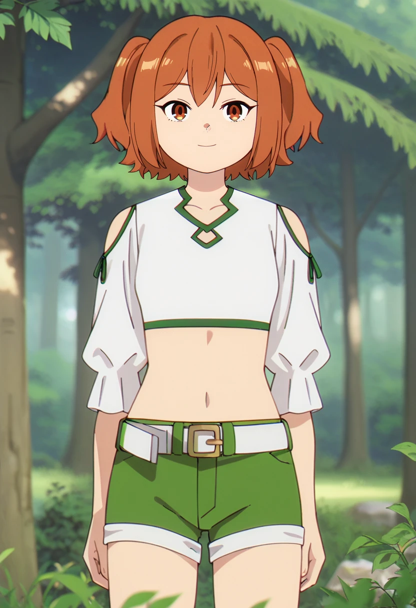 score_9, score_8_up, score_7_up,
<lora:SousouNoFrieren_KanneXL:1>, KanneSSnF,
1girl, solo, closed mouth, light smile,
orange hair, short hair, two side up, orange eyes,
white shirt, crop top, shoulder cutout, short shorts, green shorts, white belt, navel,
standing, looking at the viewer, arms behind back, thigh gap,
fantasy, medieval, photo background, forest, tree, moss, stream, stone, leaf, maple tree, grass, nature, blurry background
