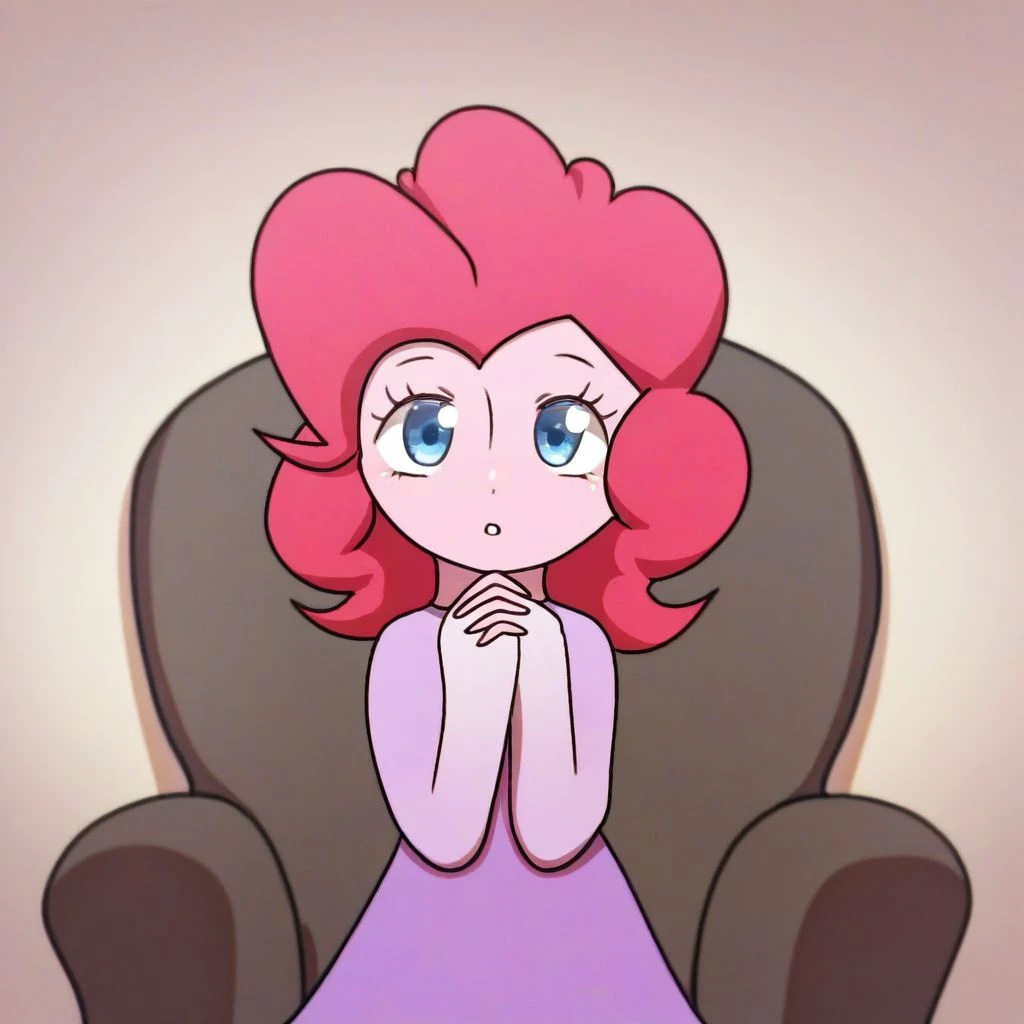 solo, 1girl, upper body, pinkie pie, sitting, parted lips, hands together, pink hair, curly hair, indoors, couch