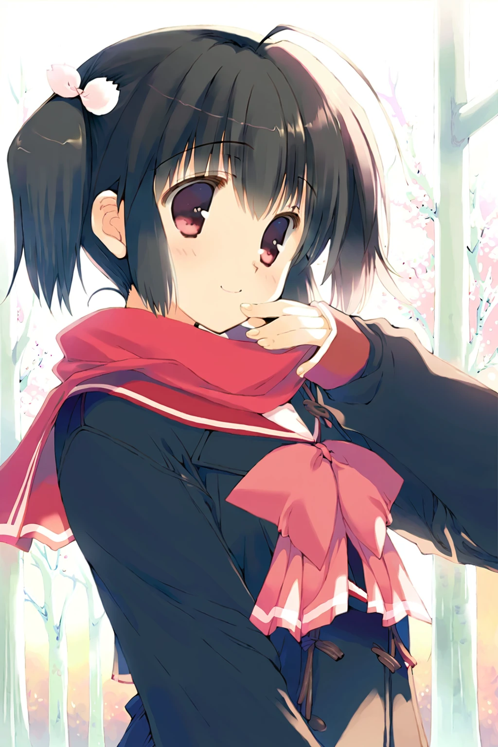 core_9,score_8_up,uncensored,1girl,<lora:yuzuhara konomi:1>,yuzuhara konomi,1girl,solo,scarf,school uniform,black hair,twintails,smile,red eyes,bow,upper body,hair ornament,blush,skirt,long sleeves,outdoors,short hair,ahoge,serafuku,bangs,tree,