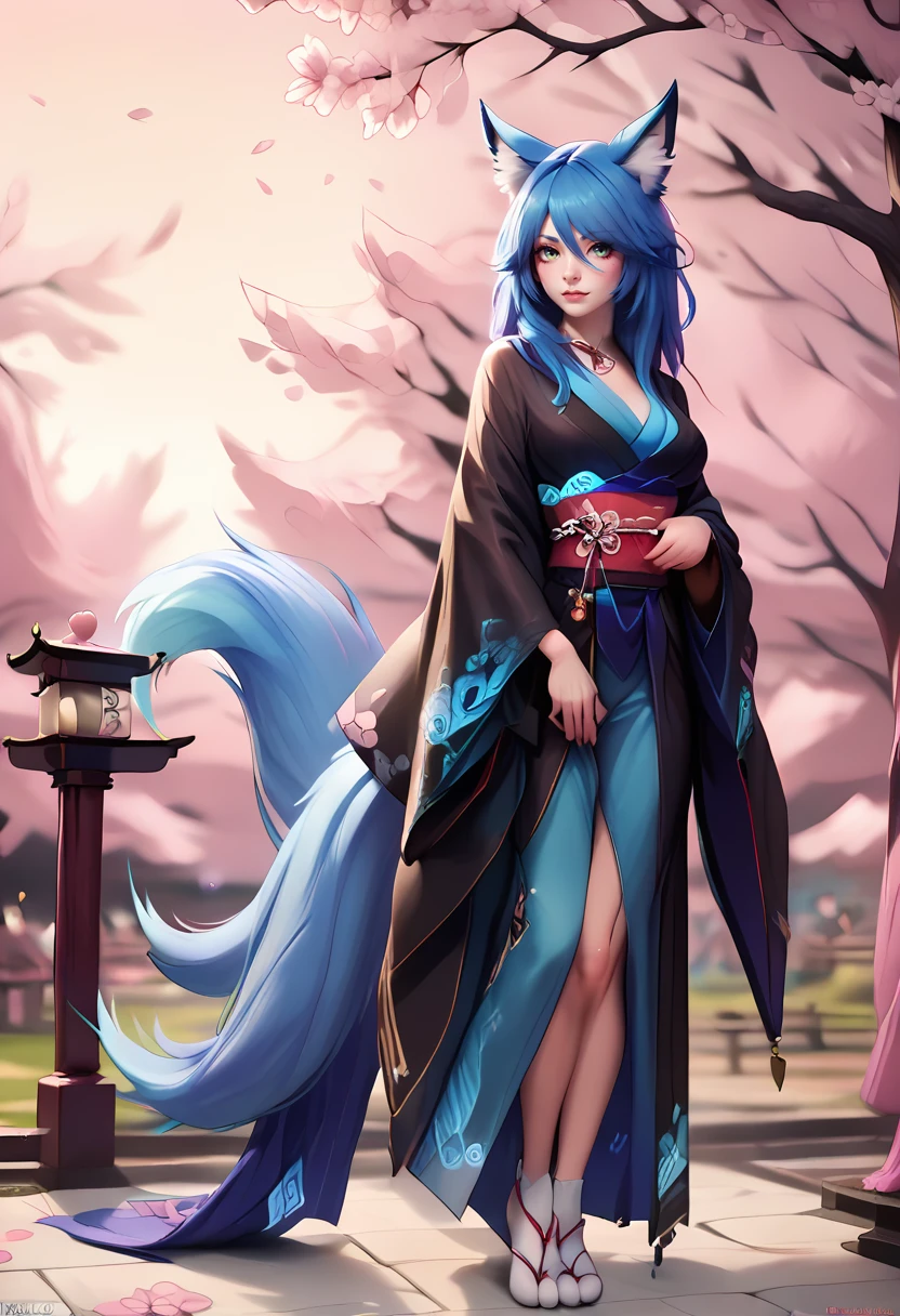 zPDXL,ra1ju, blue fox tail, full body, cherry blossom garden,  <lora:Monster_Girl_Encyclopedia_MGE_-_Raiju_-_PDXL:1>