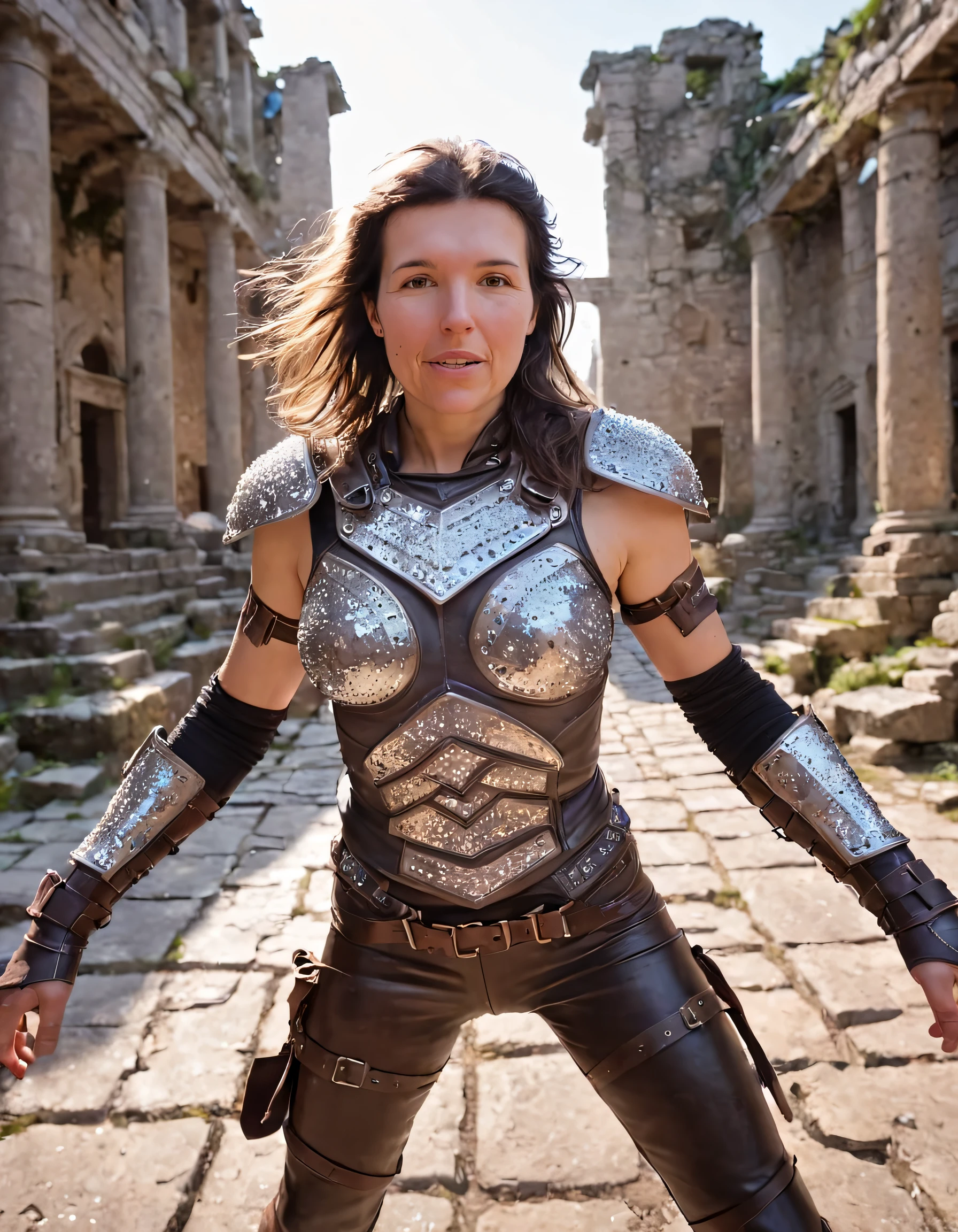 Greek warrior with the face of a young Sigourney Weaver, dressed in silver Roman armor, sword in hand, black cliffs and waterfalls in the background, vibrant colors, epic image