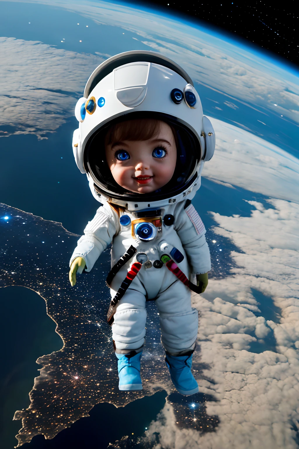 <lora:å°å¬ä¸»:0.8>,dolls,solo,blue eyes,1girl,Floating through space in a spacesuit,traveling the universe,spaceships,smile,glass helmets,