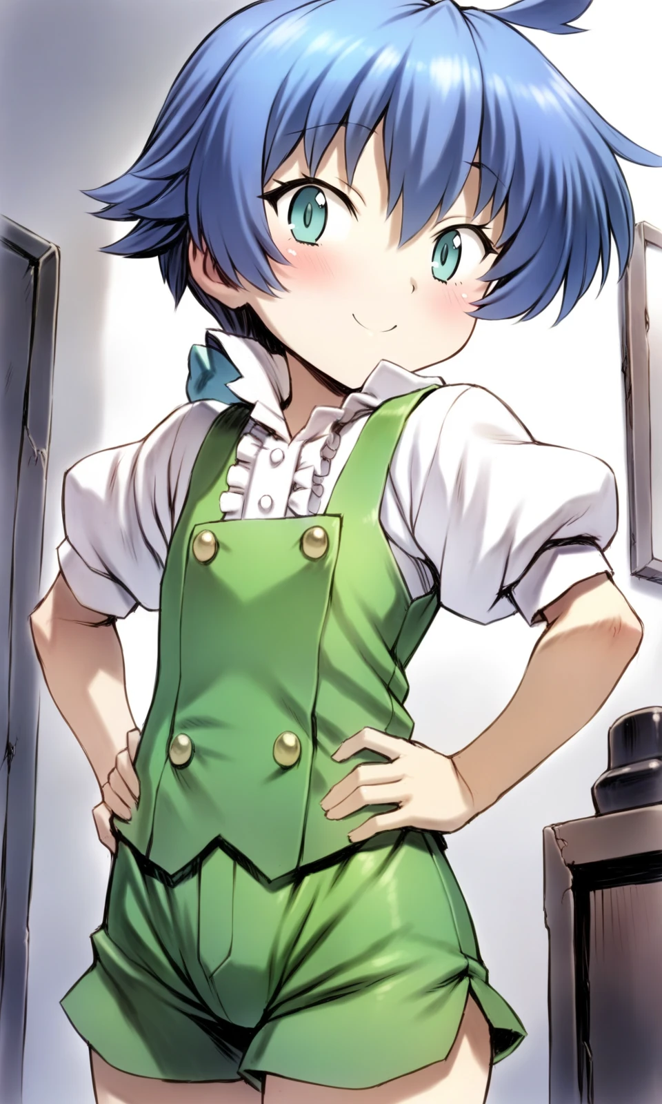 solo, 1boy, lloyd, aqua eyes, blue hair, short hair,
green vest, white shirt, puffy short sleeves, green short shorts,
looking at viewer, smile, =), hands on own hips,
upper body,
masterpiece, best quality, very aesthetic, absurdres, by mogudan,
<lora:LloydDeSaloum_XL:1>