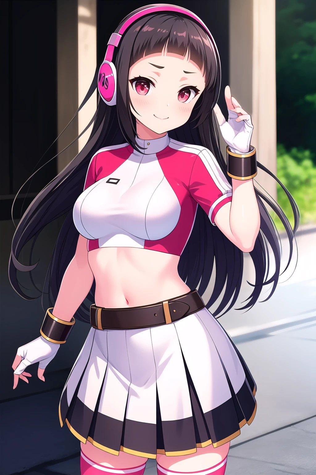 (masterpiece, best quality), highly detailed background, perfect lightingbest quality, isshikiairu, solo, outdoors, black hair, headphones, blunt bangs, very long hair, red eyes, medium breasts, armor, crop top, wrist cuffs, short sleeves, white gloves, fingerless gloves, belt, black skirt, pleated skirt, white thighhighs, smile, closed mouth, >:), pink lips, <lora:Isshiki-Airu:0.7>