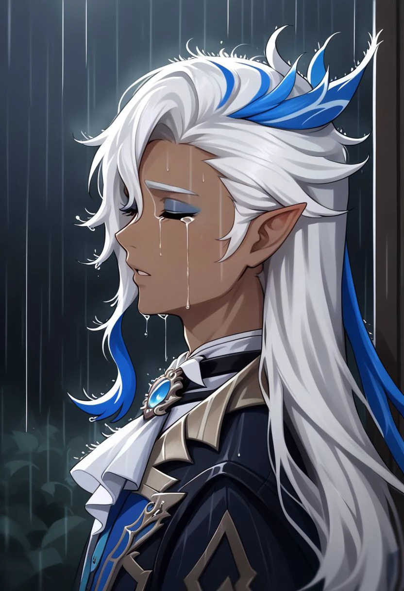 neuvillette, 1boy, long hair, male focus, solo, multicolored hair, white hair, streaked hair, ascot, brooch, closed eyes, pointy ears, dark skin, crying, rain, jewelry, tears, upper body, blue hair, eyeshadow, parted lips, eyelashes, makeup, from side, half-closed eyes, white hair, feather hair ornament   zPDXL