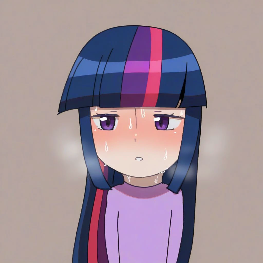 solo, 1girl, upper body, twilight sparkle, human, long hair, blunt bangs, streaked hair, parted lips, raised eyebrows, sweat