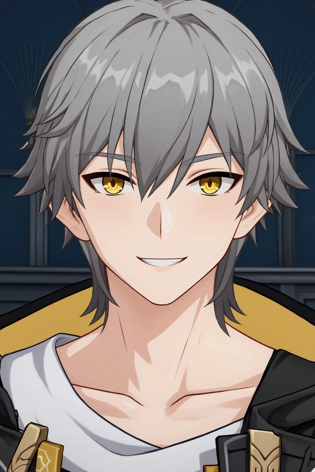 score_9, score_8_up, score_7_up, source_anime, BREAK, 1boy, male focus, caelus, grey hair, hair between eyes, (yellow eyes:1.3), (perfect face, perfect eyes:1.2), seductive smile, BREAK, bishounen, pale skin, slim, toned,
BREAK,
(portrait:1.2), indoors, simple background<lora:EMS-32082-EMS:1.000000>, <lora:EMS-22619-EMS:0.800000>, <lora:EMS-372572-EMS:0.800000>