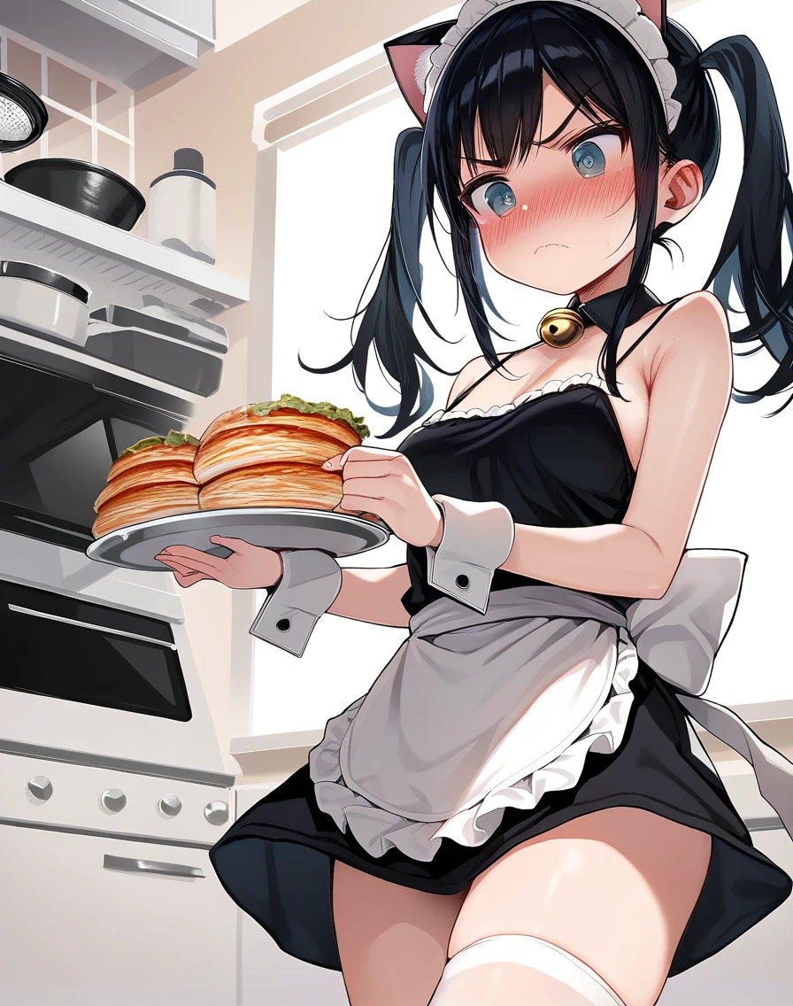 score_9, score_8_up, score_7_up,score_6_up, 1girl , woman, blush, frown, full-face blush, medium breasts, maid, sidelocks, twintails, black hair, apron, cat ears, fake animal ears, neck bell, thighhighs, wrist cuffs, in a kitchen, black short dress, sleeveless, holding plate, angry, spaghetti strap, <lora:kuromotokun_style_pony6_v2-000036:1>