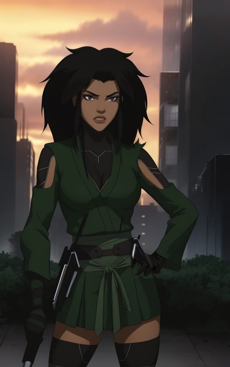 (masterpiece, best quality:1.4), insaneres, absurdres, solo, looking at viewer,BREAK
Unmasked_YJ_Cheshire_ownwaifu, www.ownwaifu.com,
1girl, black eyes, makeup, long hair, breasts, medium breasts, black hair, spiked hair, big hair, lipstick,
cleavage, asymmetrical_sleeves, black thighhighs, knee pads, thighhighs, japanese clothes, ninja, belt, skirt, black legwear, boots, black gloves, elbow gloves, long sleeves, green jacket, green shirt, green vest, ribbon,
(contrapposto, hand on hip), sunset, sidelighting, cityscape, outdoors, <lora:CARTOON_DC_YJ_Cheshire_ownwaifu:1> , depth of field, solo,
