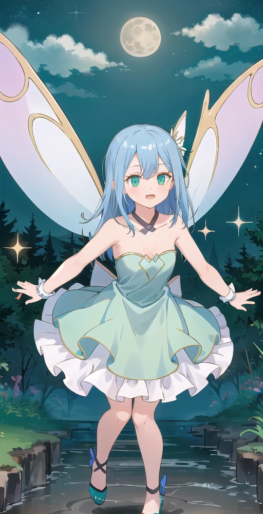 ViviV2, 1girl, solo, full body,  (strapless fairy green color dress), bare collarbone, bare arms, fairy wings, sparkles, floating, flying in sky, night, moon, perfect quality, good quality, masterpiece, HDR, UHD <lora:Vivi V2-000003:0.6>