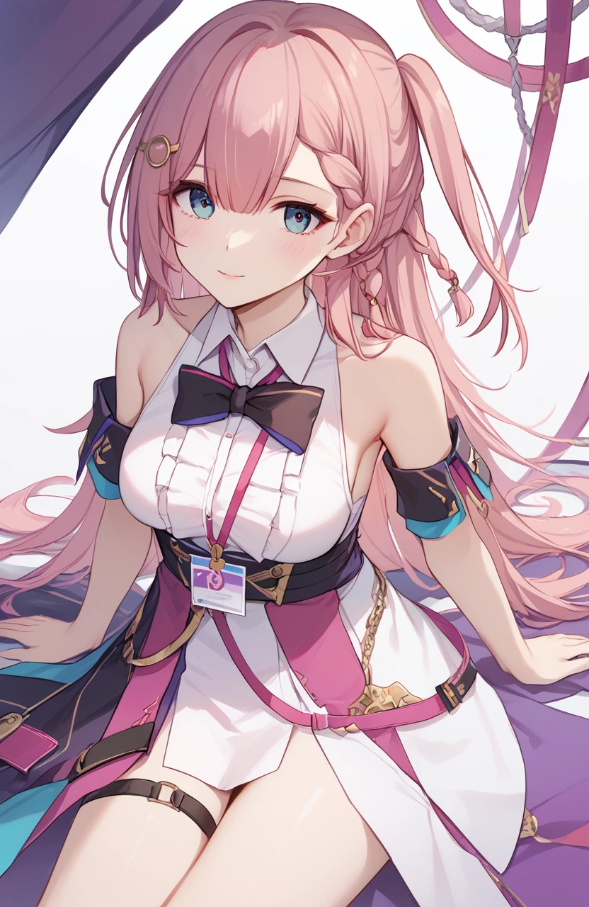<lora:è¾ä¸å¦²2pony:1>,xtasta,a girl named xtasta,1girl,braid,white shirt,sleeveless shirt,one side up,id card,detached sleeves,black skirt,black bowtie,center frills,collared shirt,thigh strap,, (score_9,score_8_up,score_7_up),(masterpiece,best quality,high quality:1.2),absurdres,