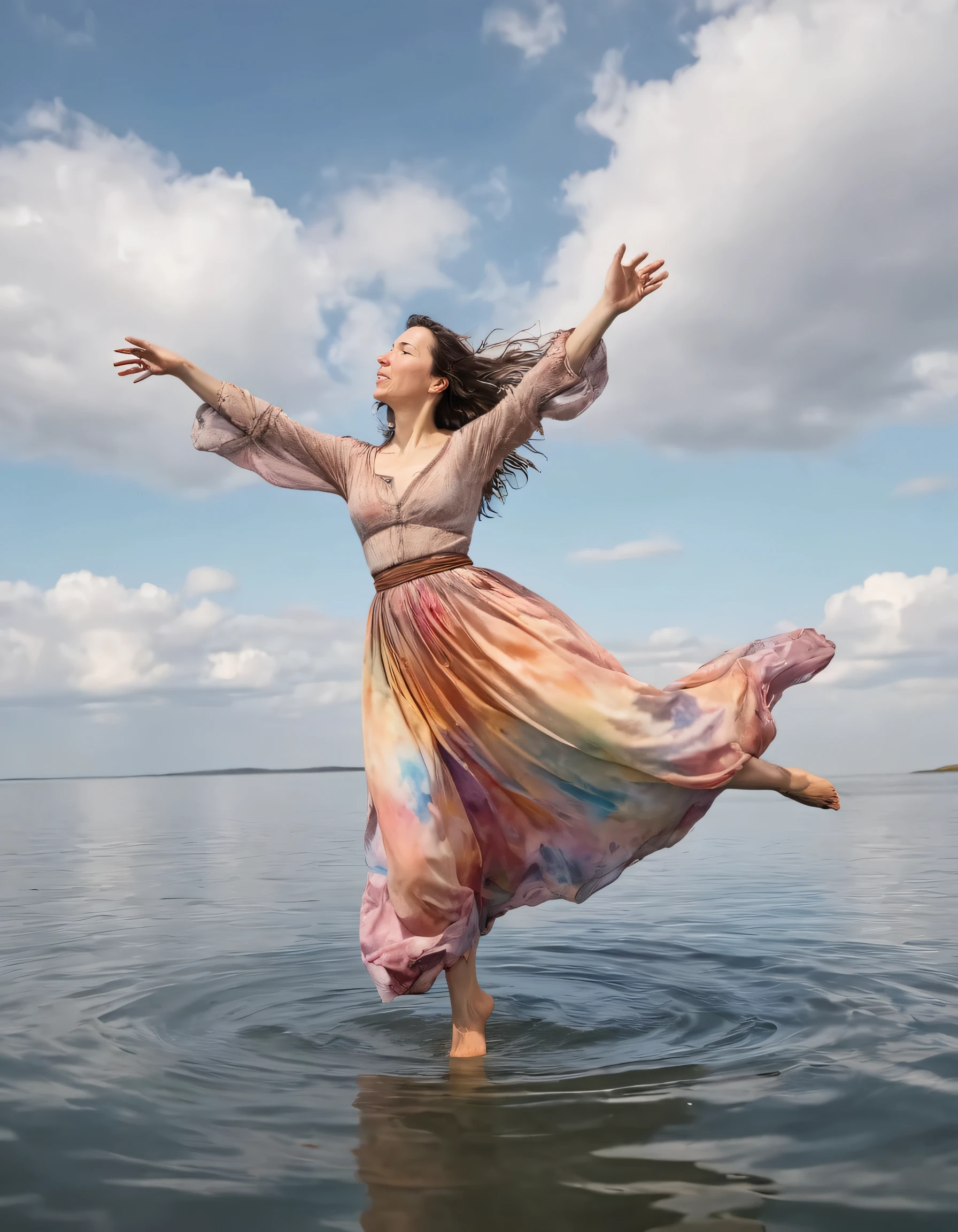 In Eva zu Beck's surrealist world, a strong, bohemian woman dressed in an exquisite outfit floats on a gentle sea of watercolors, capturing the essence of female empowerment and creative expression as she confidently poses with graceful arms reaching towards a vividly dreamlike sky, representing a timeless moment where art and passion intertwine. <lora:llihmi18f72c1abf5v42:1>