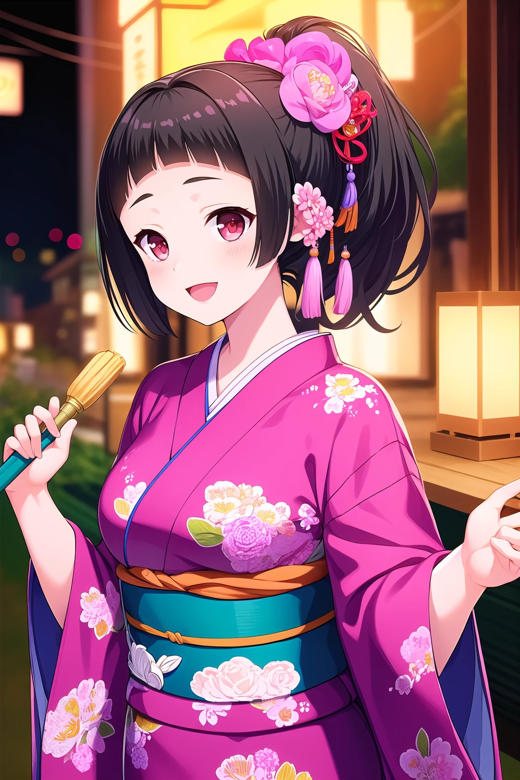 (masterpiece, best quality), highly detailed background, perfect lightingbest quality, isshikiairu, solo, outdoors, night, summer festival, black hair, ponytail, blunt bangs, very long hair, red eyes, medium breasts, purple kimono, floral print, japanese clothes, smile, open mouth, :d, pink lips, <lora:Isshiki-Airu:0.7>