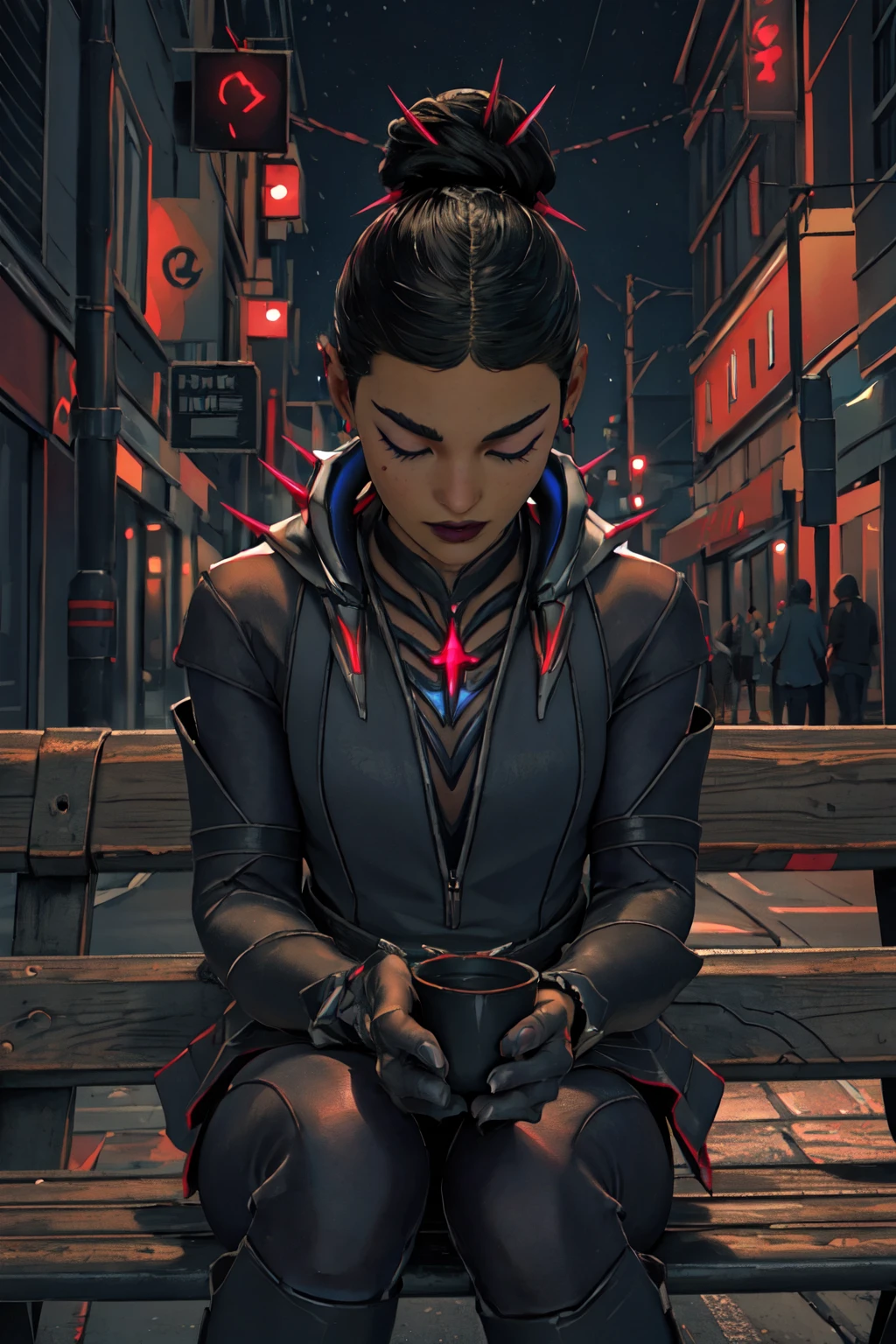 (Masterpiece:1.4), (high quality:1.2), (best quality:1.2), 1girl, solo, full body, night, neon lights, <lora:Loba_Barbed_Ire:1:0.6>, barb3dir3, black gloves, elbow gloves, black hair, double bun, hair spikes, sitting in street bench, neon lines, holding black cup