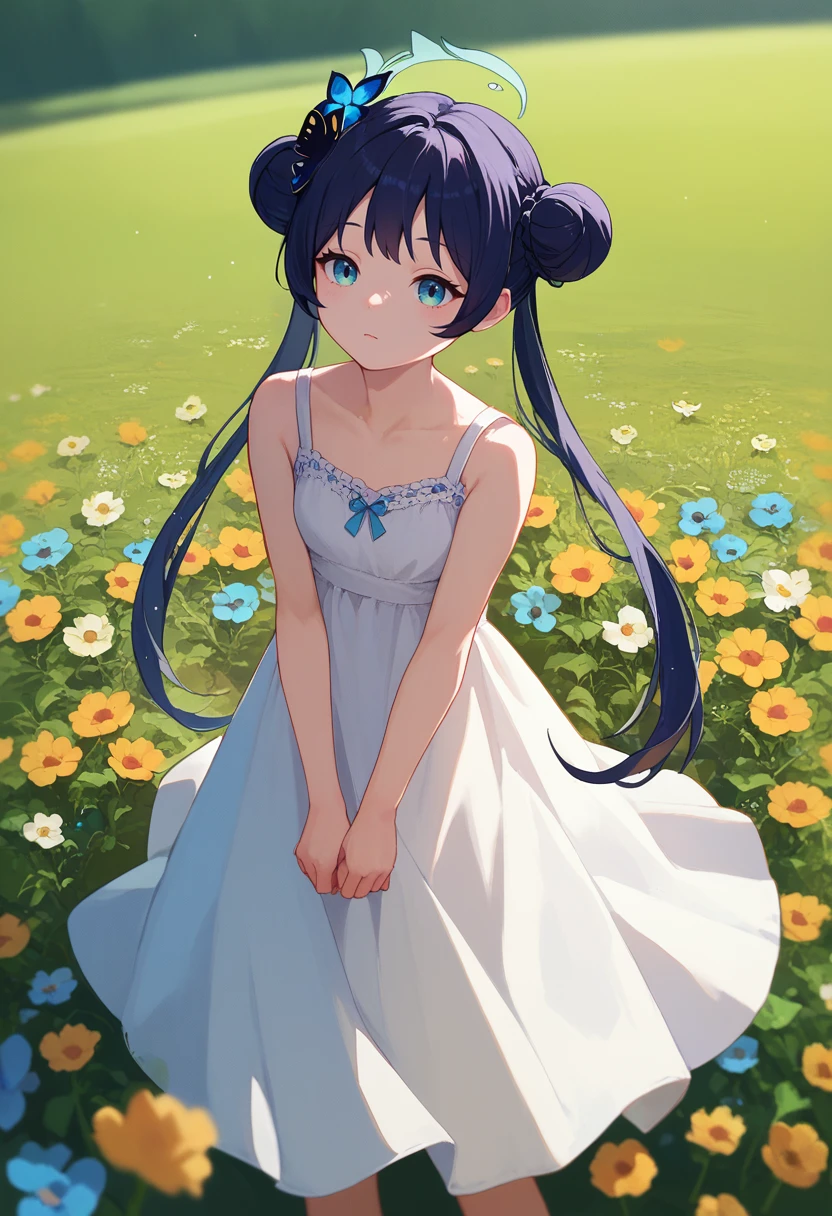 score_9, score_8_up, score_7_up, 1girl, ksak, black hair, double bun, low twintails, hair ornament, sundress, flower field, <lora:Kisaki 3-000007:1>