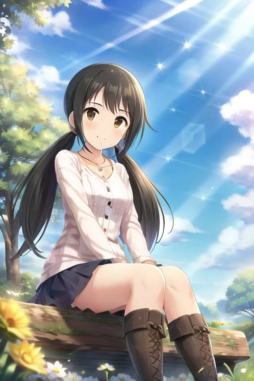 (masterpiece),nakano yuka, brown eyes, black hair, twintails, 1girl, solo, flower, outdoors, long hair, tree, looking at viewer, sky, cloud, necklace, sitting, jewelry, skirt, boots