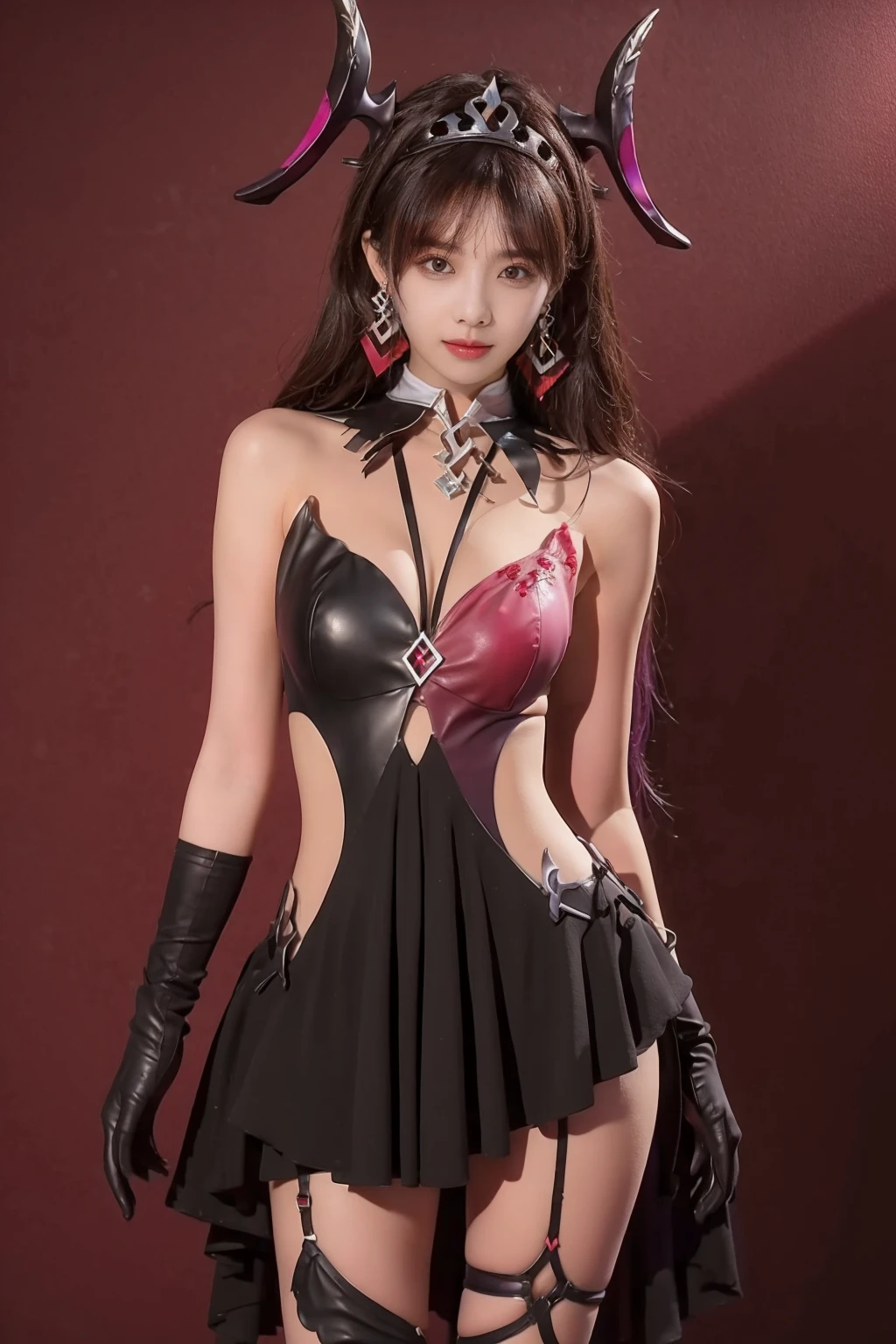 best quality,masterpiece,highres,extremely detailed cg unity 8k wallpaper,red background,1girl,solo,looking at viewer,standing,cowboy shot,large breasts,<lora:GoodHands-beta2:1>,<lora:lemon0032-Epic Seven Spectre Tenebria(Dark Tyrant)_v1:1>,lemon0032,horns,earrings,asymmetrical legwear,elbow gloves,gem,tiara,