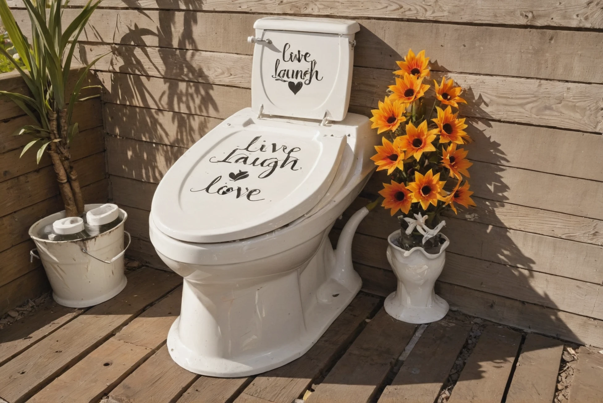 "live laugh love" outdoor toilet<lora:EnvyLiveLaughLoveXL01:1>