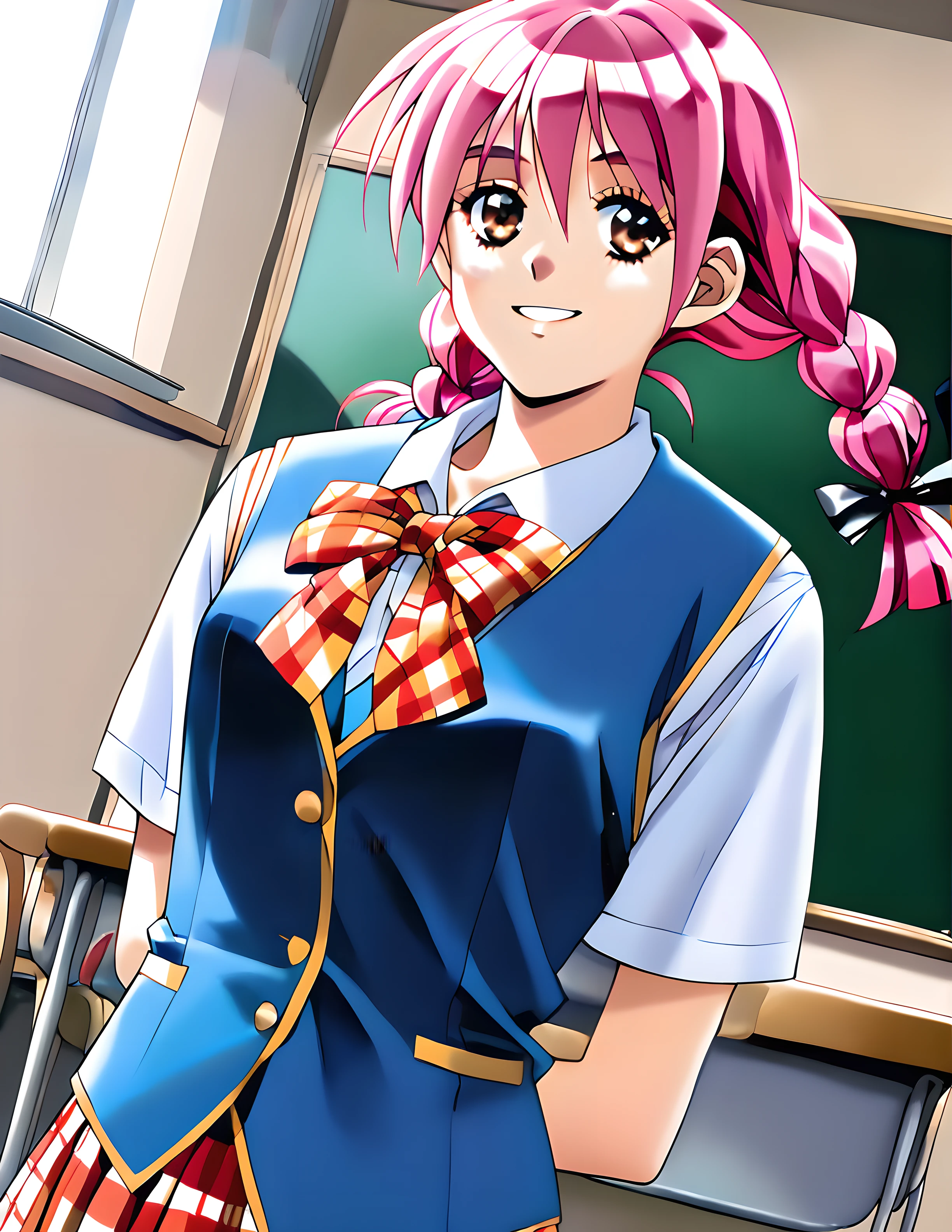 <lora:pony_xl_minori>,minori,score_9,score_8_up,score_7_up,source_anime,1girl,looking_at_viewer,school uniform,blue vest,collared_shirt,bow,pleated skirt,plaid skirt,short hair,twin braids,smile,classroom,cowboy_shot,front view,standing,arms_behind_back,