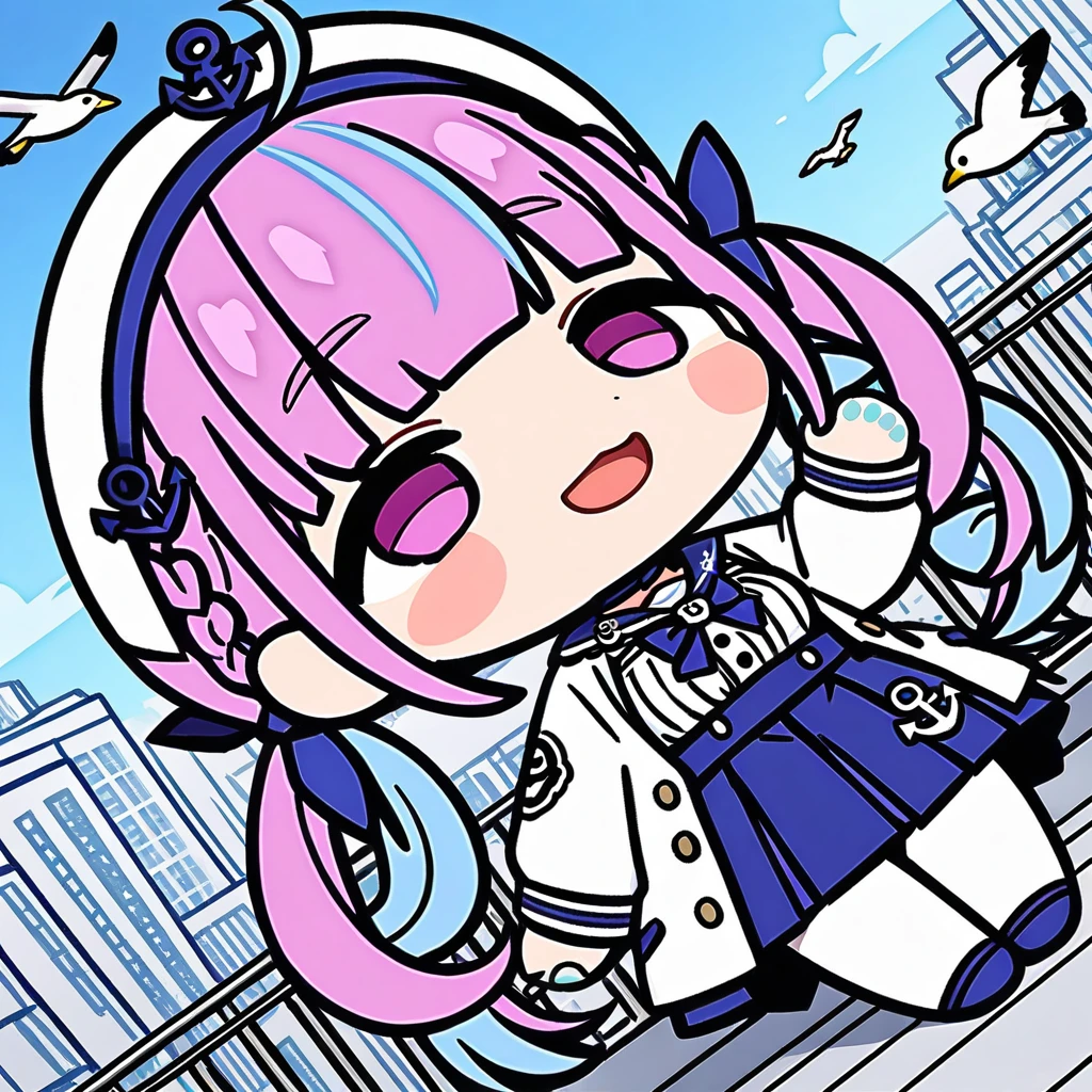 lying-on-back, chibi,(masterpiece),(best quality),1girl, solo, virtual youtuber, multicolored hair, minato aqua, long hair, skirt, braid, looking at viewer, twin braids, bird, bangs, blue hair, outdoors, pantyhose, long sleeves, purple eyes, hat, pink hair, blue skirt, twintails, ahoge, two-tone hair, blush, bow, sailor collar, shirt, hairband, white jacket, pleated skirt, jacket, railing, white pantyhose, breasts, ribbon, white shirt, blue sky, day, streaked hair, open mouth, frills, blue sailor collar, sky, seagull, high-waist skirt, choker, blue bow, red flower, open clothes, standing, colored inner hair, hand up, bowtie, open jacket, collarbone, anchor symbol, cityscape, smile, blue nails