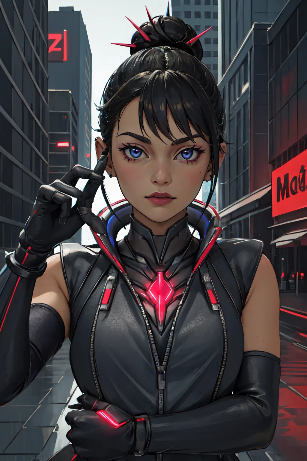 (Masterpiece:1.4), (high quality:1.2), (best quality:1.2), 1girl, solo, night, neon lights, cyber, city, cyberpunk, <lora:Loba_Barbed_Ire:0:0.4>, barb3dir3, black gloves, elbow gloves, black hair, single hair bun, upper body, portrait, hair spikes, looking at viewer