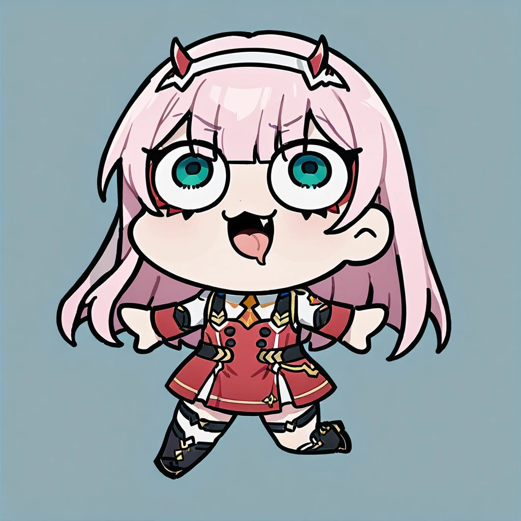 style-parody,chibi,full_body,(masterpiece),(best quality),1girl, aqua_background, aqua_eyes, blue_background, buttons, double-breasted, fangs, green_eyes, hairband, horns, long_hair, looking_at_viewer, military, military_uniform, necktie, pink_hair, sky, solo, tongue, tongue_out, uniform, white_hairband, zero_two_\(darling_in_the_franxx\)