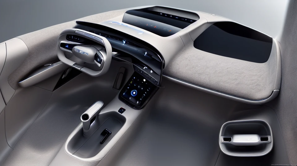 Professional photography of a (concept CAR INTERIORï¼,(GREY)trim ,(modern EV) style, natural light,CG,Blender rendering,extremely details, 16K high quality,masterpiece