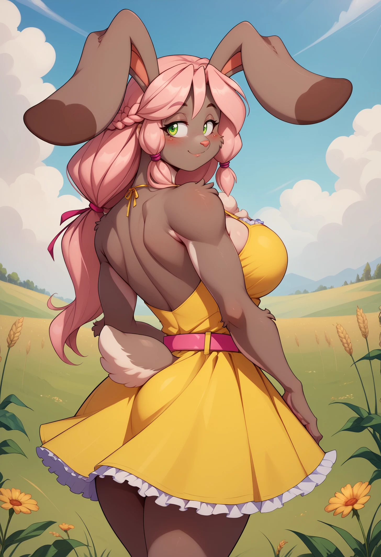 score_9, score_8_up, score_7_up, detailed background, BREAK 1girl, solo, riataffrudi, two-tone fur, rabbit girl, animal ears, rabbit tail, green eyes, pink hair, long hair, hair tubes, sidelocks, large breasts, <lora:Ria-Taffy-RudigerPDXL_V1-Manityro-CAME:1.0>, outdoors, wheat field,
looking at viewer, smile, closed mouth, blush, looking back, rear view,
yellow sundress, sleeveless, white frills, pink belt,