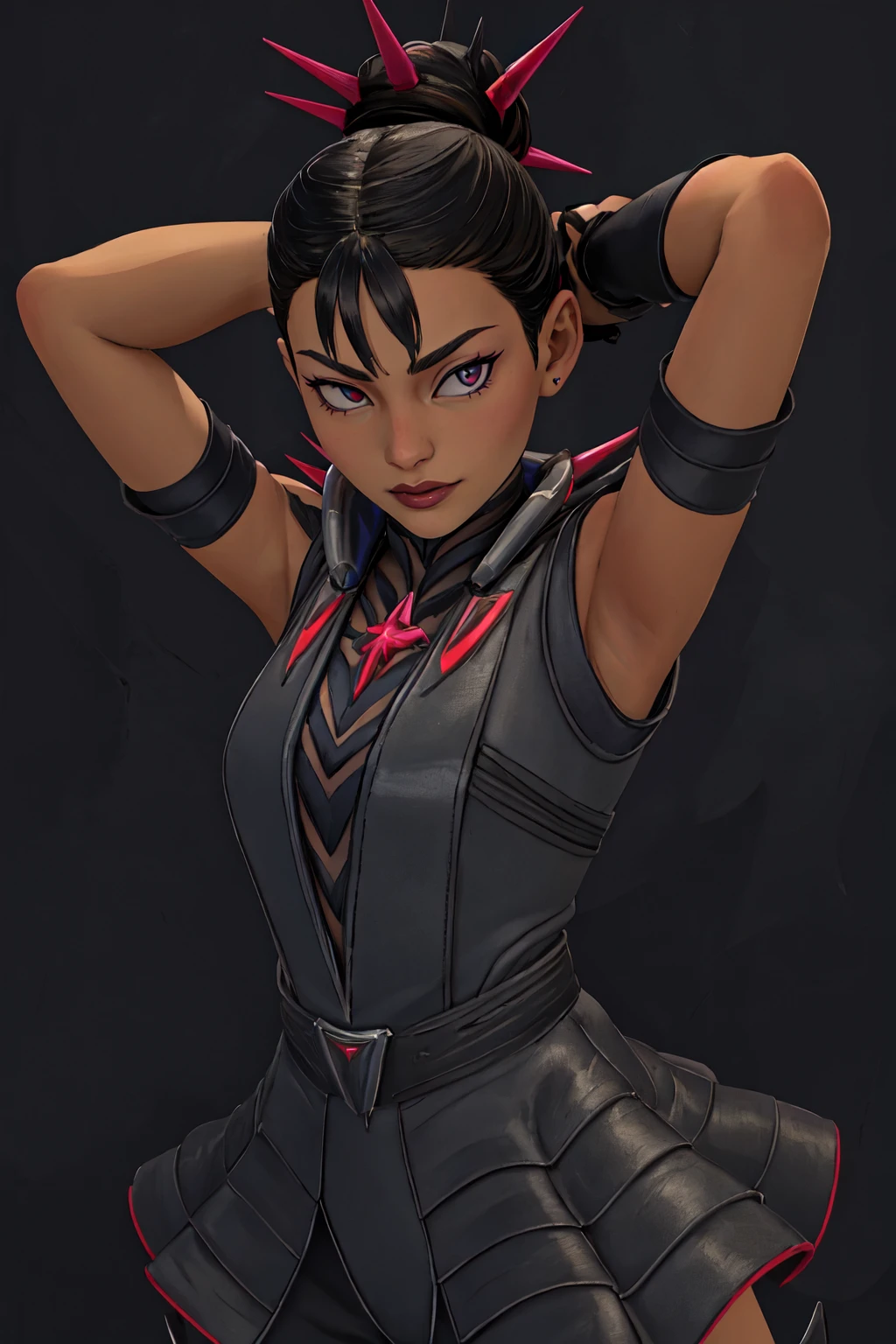 (Masterpiece:1.4), (high quality:1.2), (best quality:1.2), 1girl, solo, <lora:Loba_Barbed_Ire:0:0.5>, (concrete dark black background:1.2), barb3dir3, black gloves, elbow gloves, black hair, high heel boots, thigh boots, single hair bun, black footwear, spikes, hair spikes, upper body, portrait, arms up