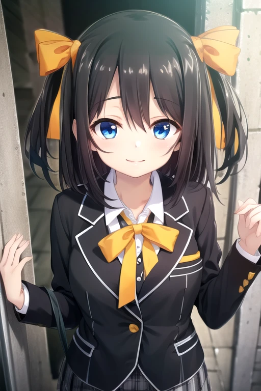 ((masterpiece)),(best quality),official art,extremely delicate and beautiful,extremely detailed CG,unity 8k wallpaper,ultra detailed,beautiful detailed eyes,extremely detailed face,outdoors,1girl,solo,upper body,(portrait:1.5),looking at viewer,facing viewer,smile,Hayashi Kanna,long hair,black hair,twintails,two side up,hair ribbon,yellow ribbon,parted bangs,blue eyes,school uniform,blazer,black jacket,wing collar,neck ribbon,yellow ribbon,white shirt,dress shirt,collared shirt,medium breasts,long sleeves,miniskirt,plaid skirt,pleated skirt,black pantyhose,loafers,brown footwear,<lora:Hayashi Kanna(ir)>,