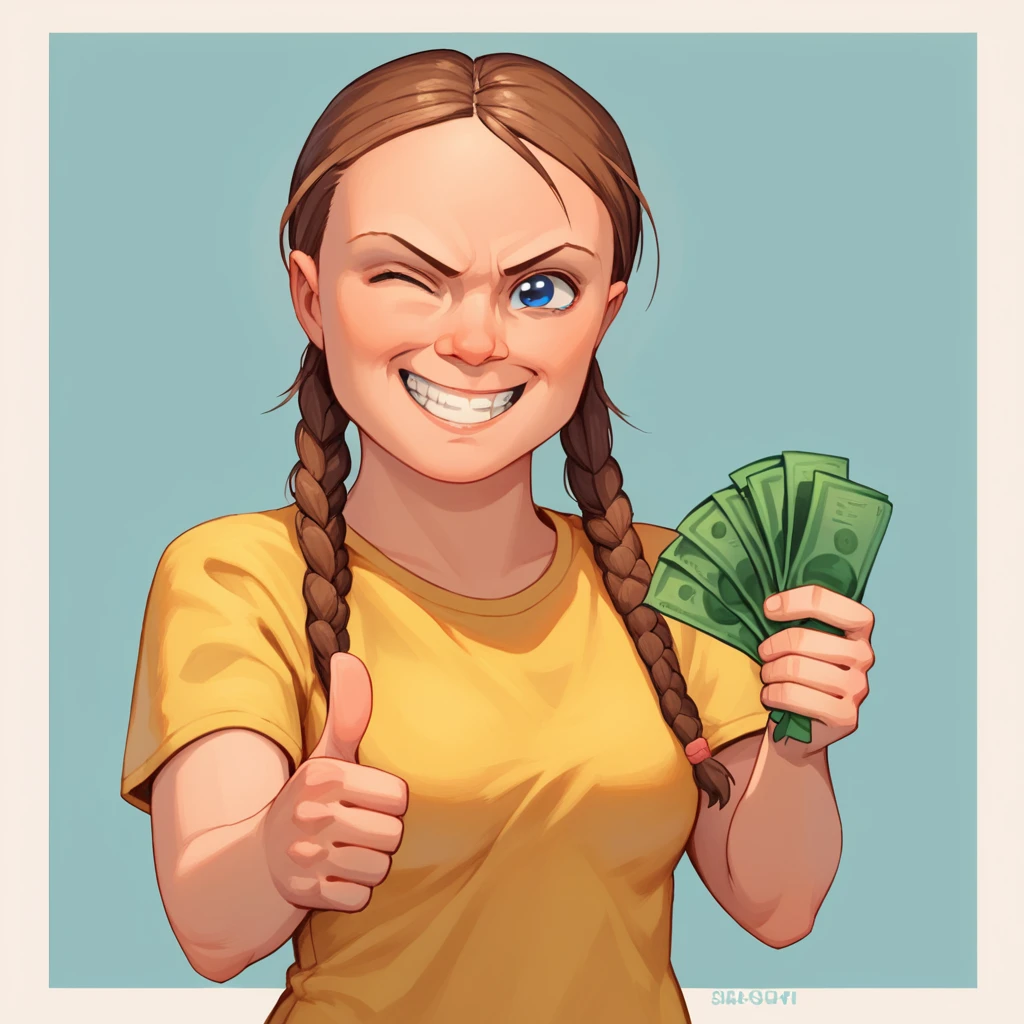 score_9, score_8_up, score_7_up, BREAK, source_cartoon,1girl, solo, Greta, twin braids, brown hair, blue eyes, <lora:GretaT_Leaf1:1>, cowboy shot, simple background, yellow shirt, thumbs up, one eye closed, grin, smile, money, holding money, <lora:gangstersb-guy-PONYv1:0.8>