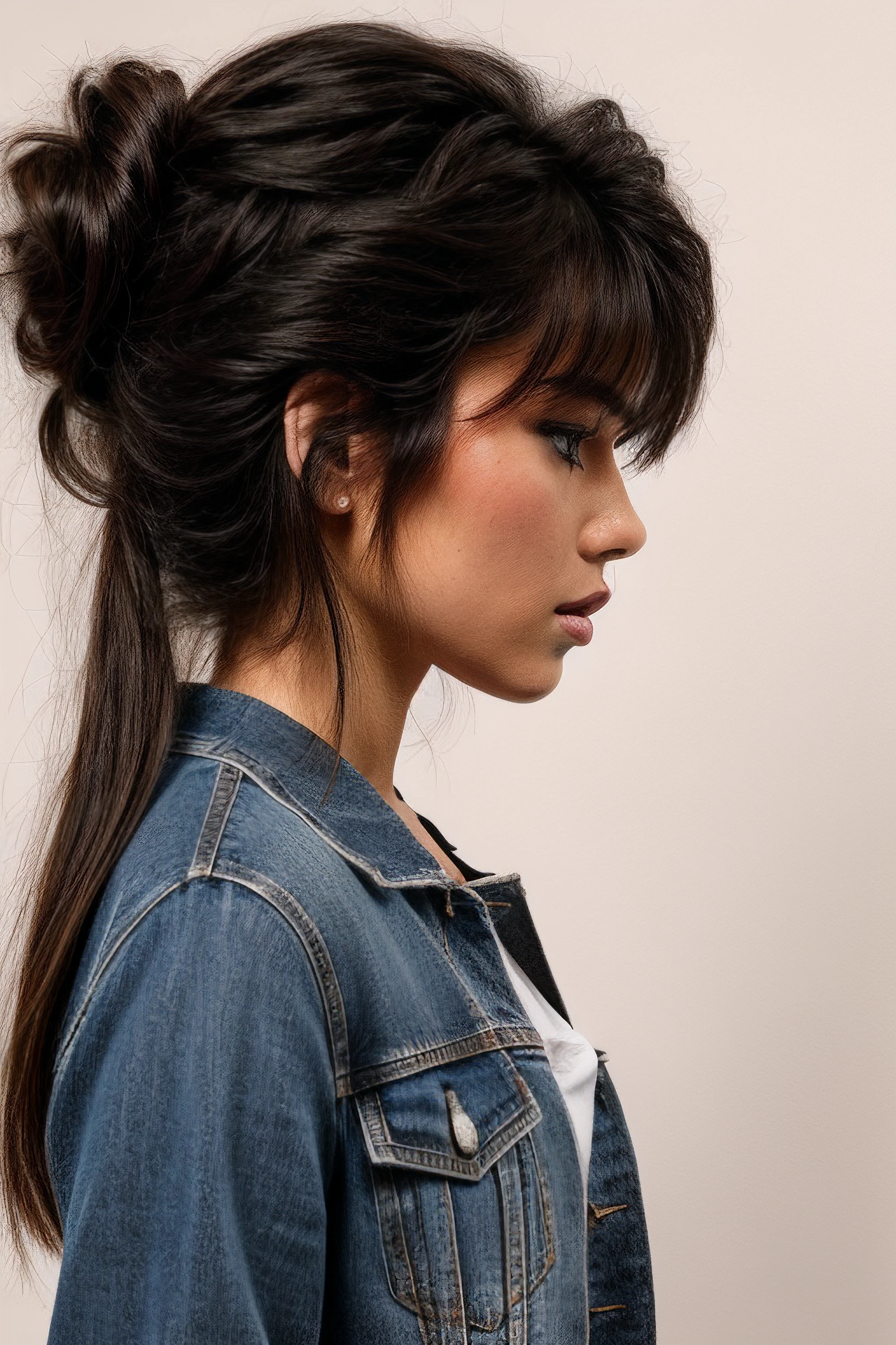 anamoll, side view , elegant 1girl with black hair tied in a high bun, bangs, wearing a denim jacket , white background, grainy film filter, minimalistic, HD,bold lines,poster, intricate,artstation,Conrad Roset,chiaroscuro inspired image,Anthony