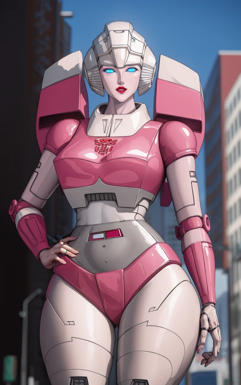 (masterpiece, best quality:1.4), insaneres, absurdres, solo, looking at viewer,BREAK 
Main_G1_Arcee_ownwaifu,  
1girl, autobot, blue eyes, helmet, mecha, no humans, pink top, red lips, shiny, insignia, pink panties, lipstick, breasts, glowing eyes, medium breasts, wide hips, makeup, navel, thick thighs, robot girl, 
(contrapposto, hand on hip), sunset, sidelighting, cityscape, outdoors, <lora:CARTOON_G1_Arcee_ownwaifu:1> , depth of field, solo,