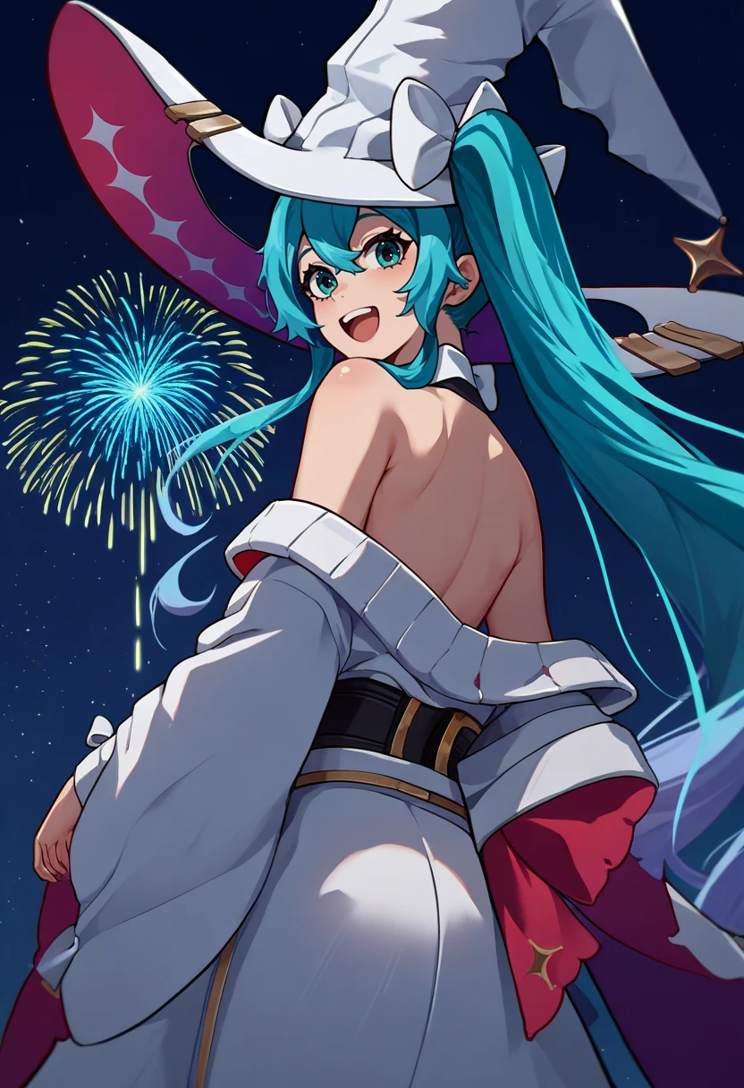 score_9, score_8_up, score_7_up, source_anime, from behind, solo, 1girl, racingmiku2024, happy, looking back, upper teeth, twintails, white headwear, witch hat, large hat, hat bow, white bow, white kimono, off shoulder, bare shoulders, fireworks <lora:vocaloid_racingmiku2024_ponyXL:1>